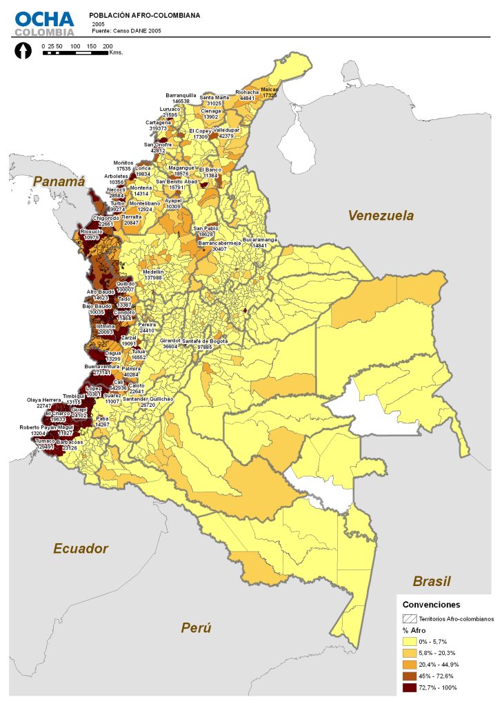 Mapa de la población afrocolombiana en Colombia.