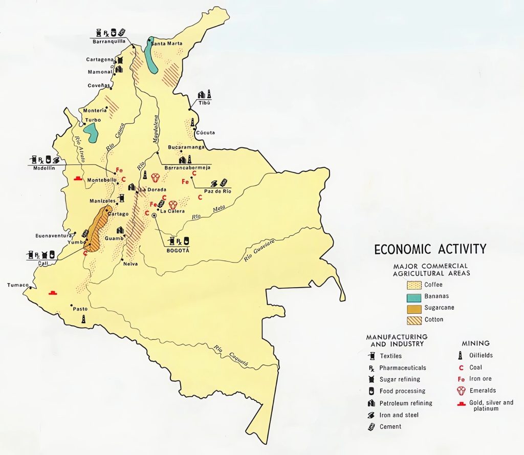 Mapa de la actividad económica de Colombia en 1970..