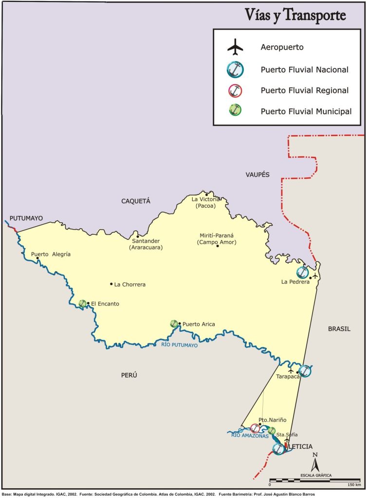 Mapa de vías y transporte del departamento del Amazonas (Colombia).