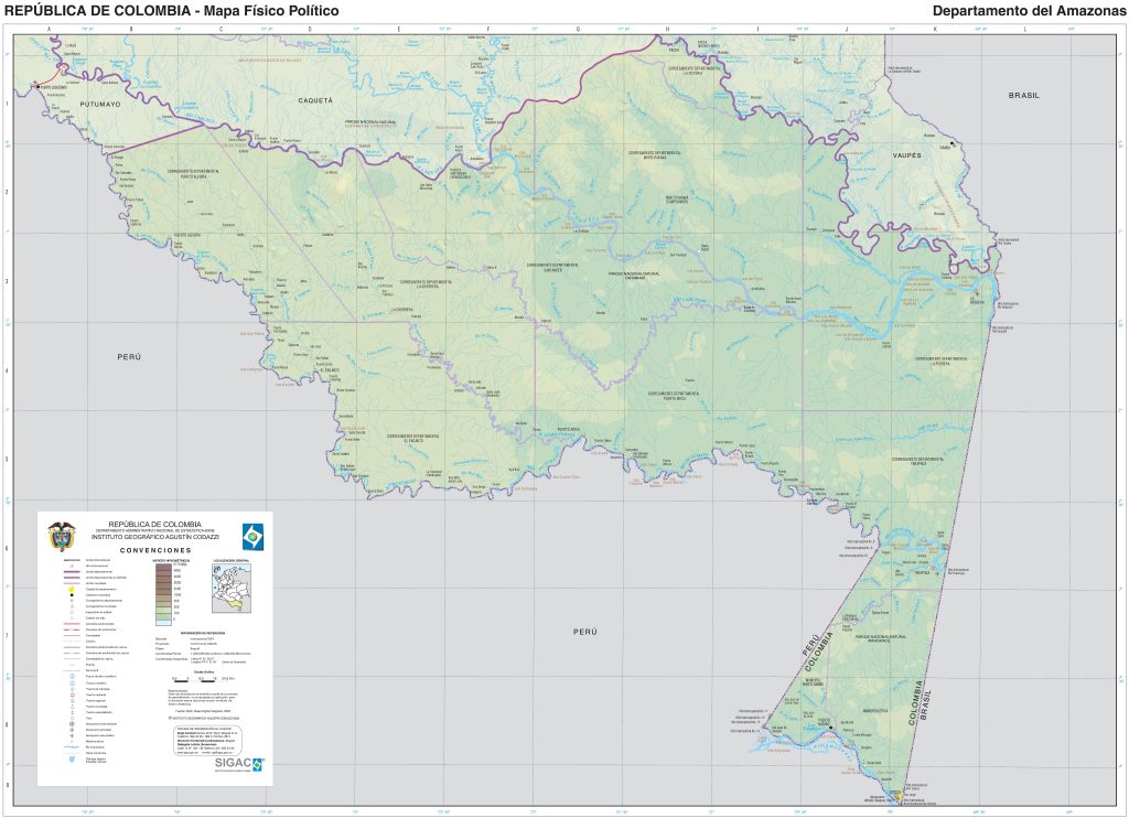 Mapa físico del departamento del Amazonas (Colombia).