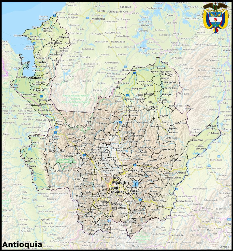 Mapa del departamento de Antioquia.