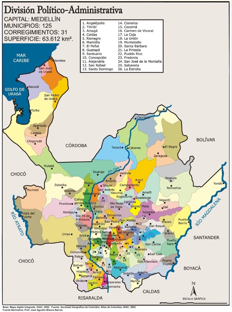 Mapa político del departamento de Antioquia.