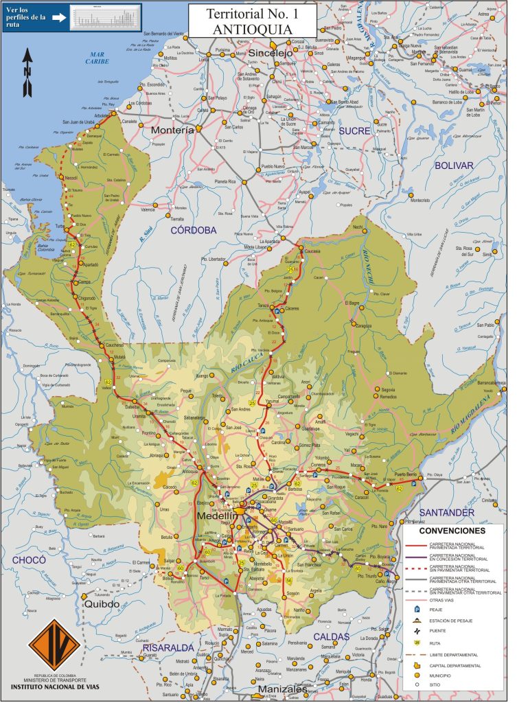 Mapa de carreteras del departamento de Antioquia.