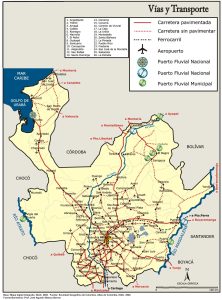 Mapa de vías y transporte del departamento de Antioquia.