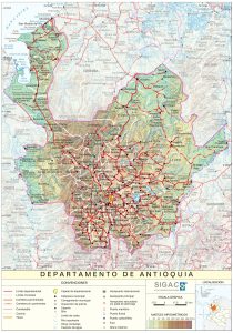 Mapa de relieve del departamento de Antioquia.