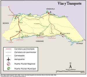 Mapa de vías y transporte del departamento de Arauca