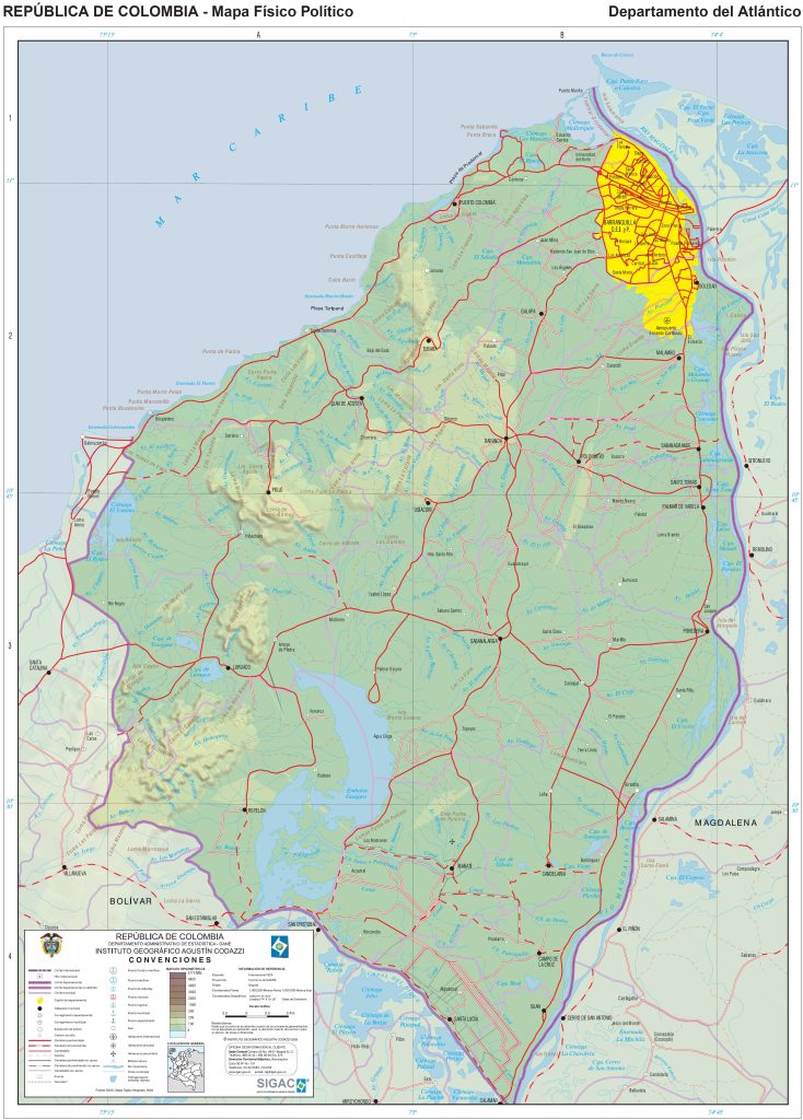 Mapa físico del departamento del Atlántico (Colombia).