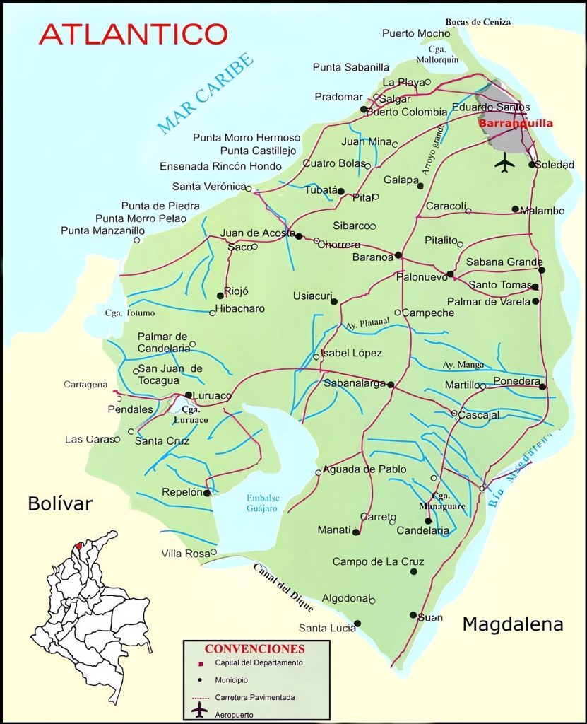 Mapa de las principales ciudades del departamento del Atlántico (Colombia).