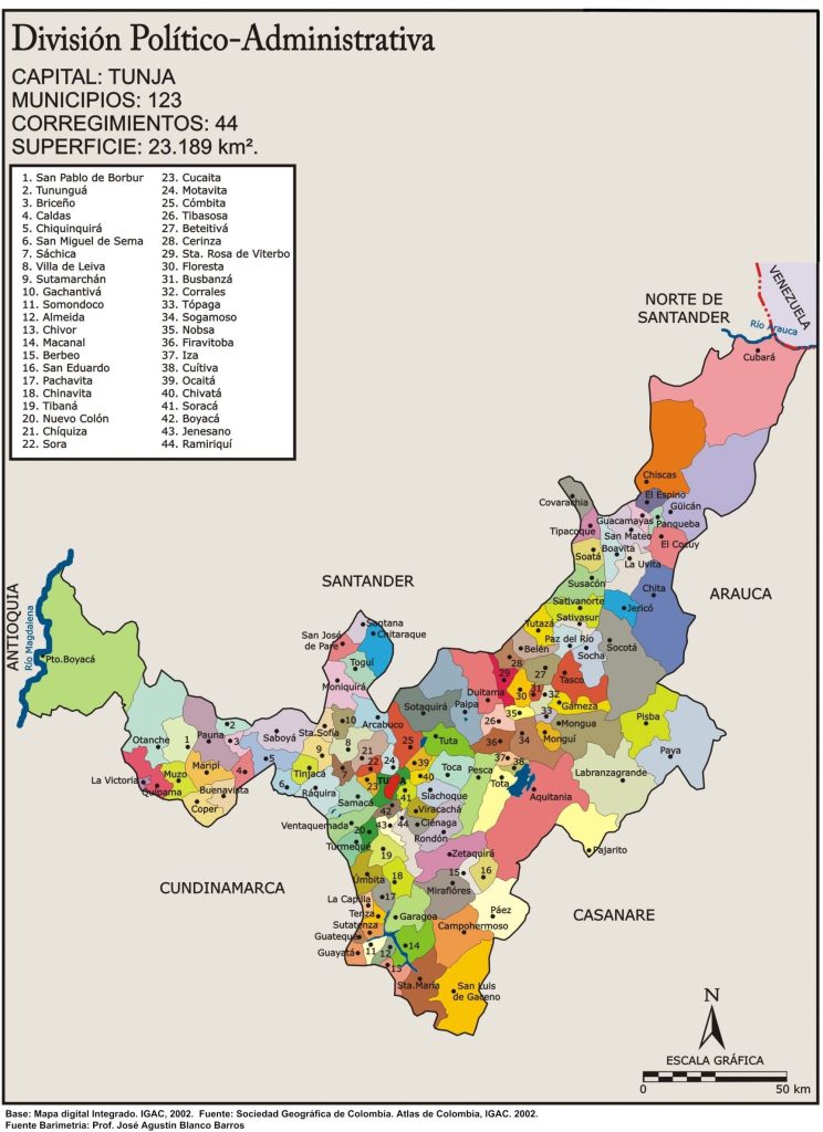 Mapa político del departamento de Boyacá.