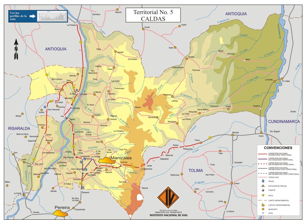 Mapa de carreteras del departamento de Caldas.