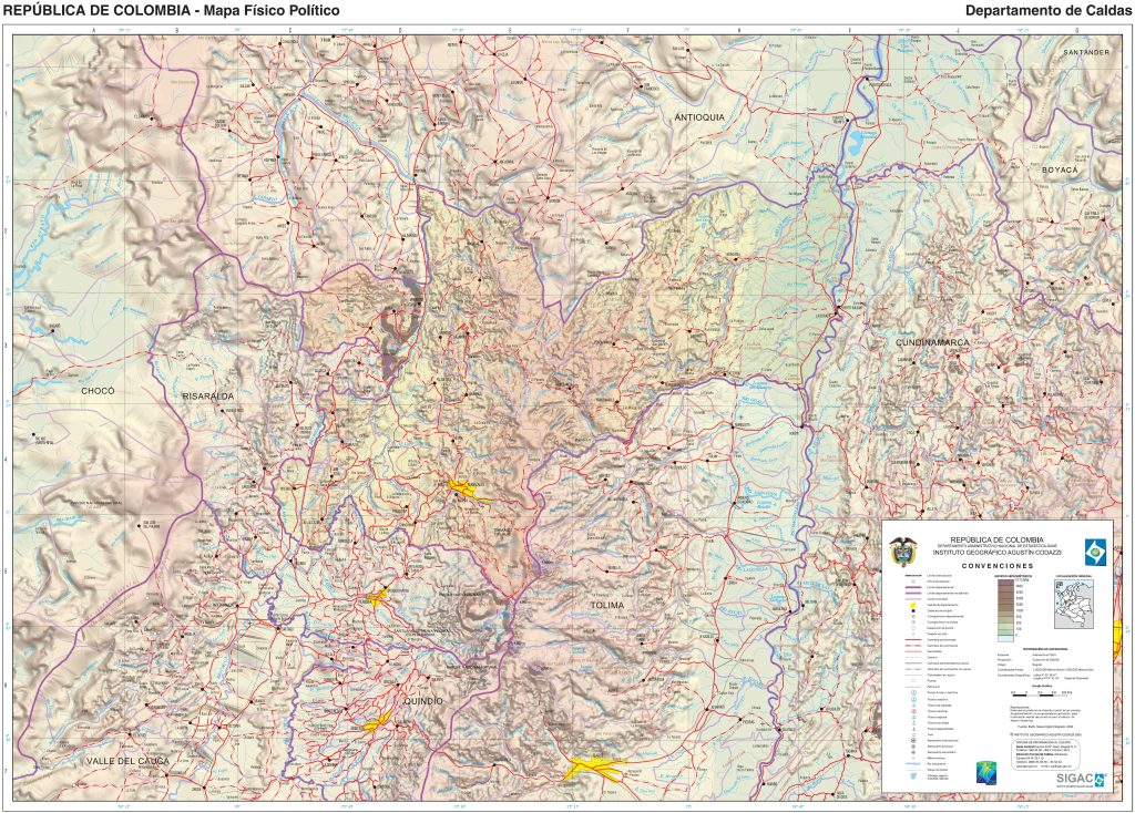 Mapa físico del departamento de Caldas.