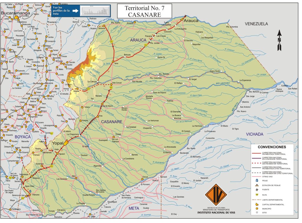 Mapa de carreteras del departamento de Casanare.