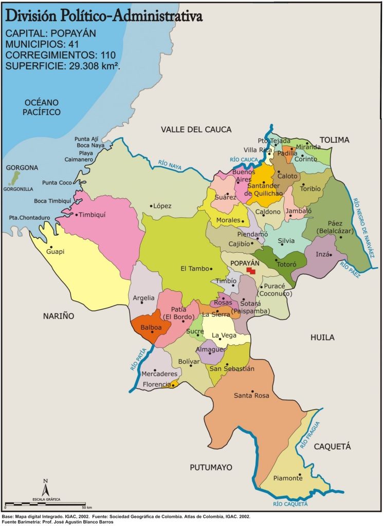 Mapa político del departamento del Cauca.