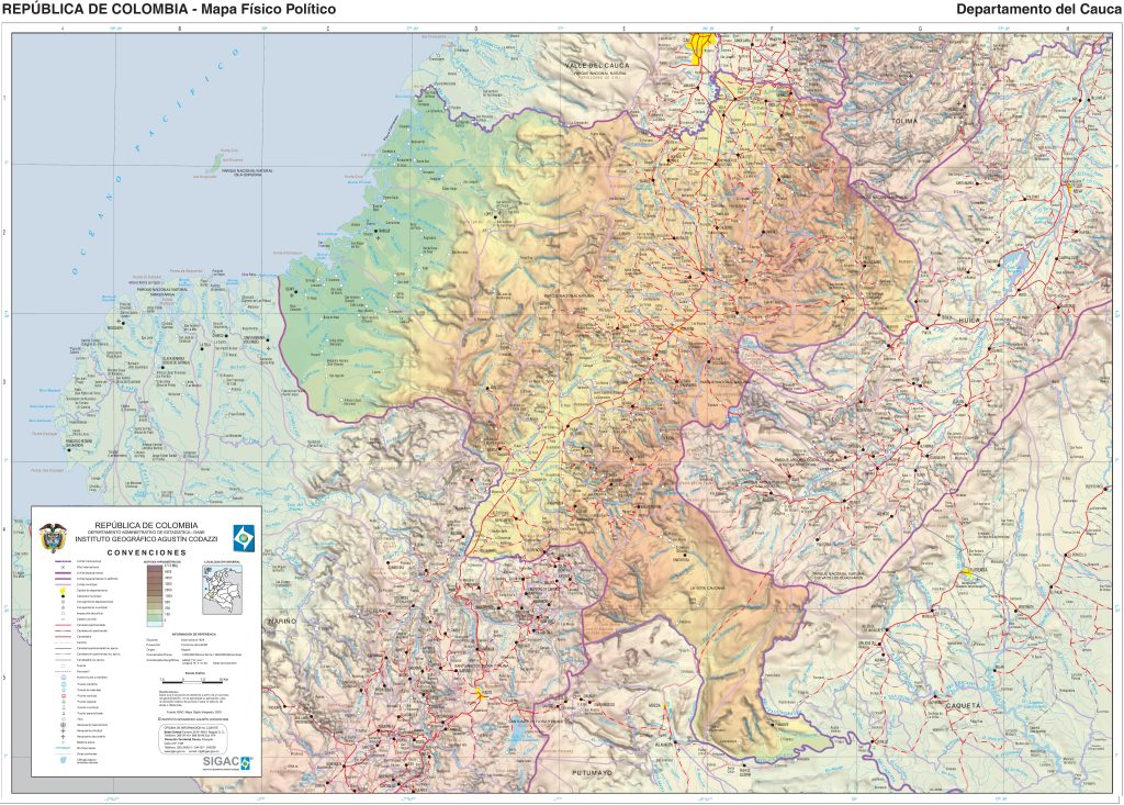 Mapa físico del departamento del Cauca.