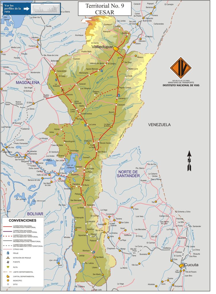 Mapa de carreteras del departamento del Cesar.