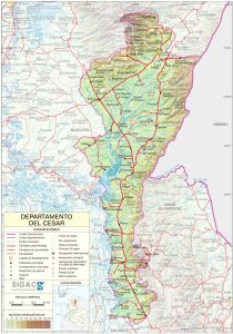 Mapa del relieve del departamento del Cesar.