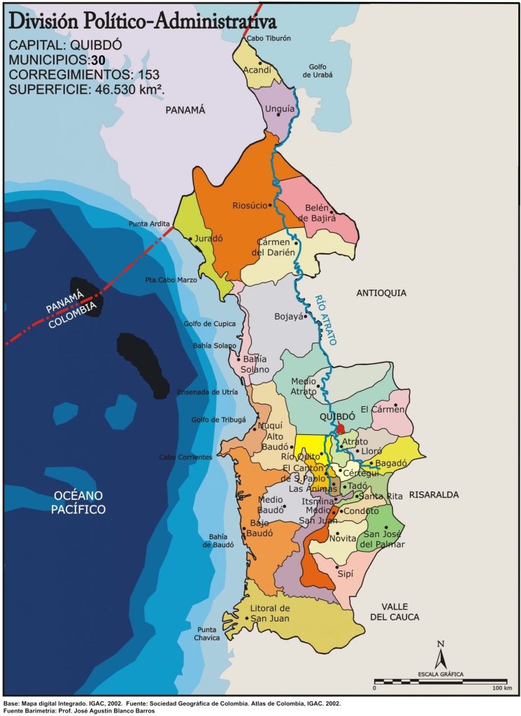 Mapa político del departamento del Chocó.
