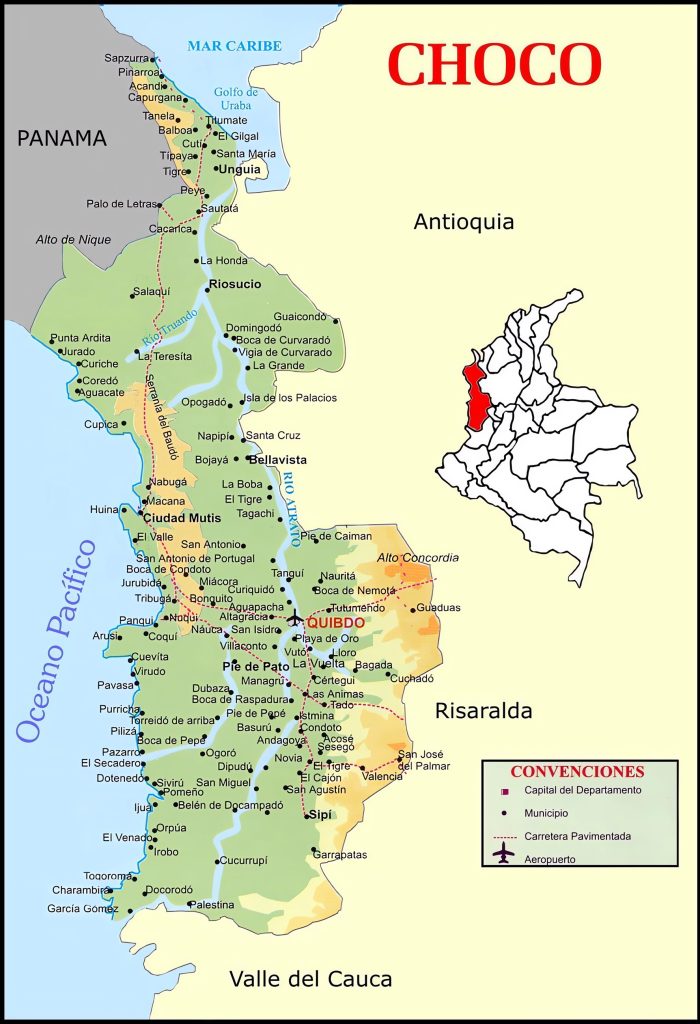 Mapa de las principales ciudades del departamento del Chocó.