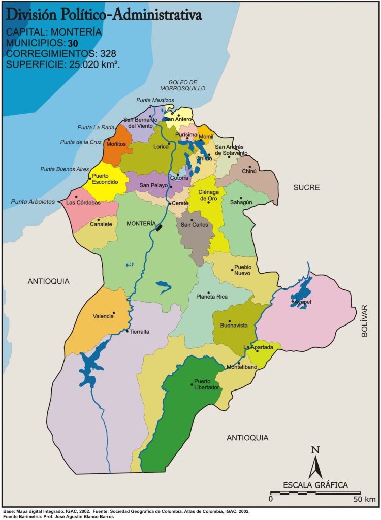 Mapa político del departamento de Córdoba (Colombia).