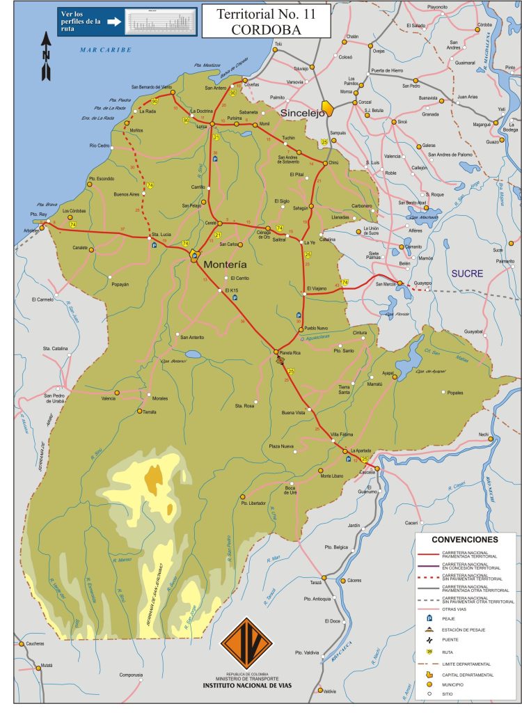 Mapa de carreteras del departamento de Córdoba (Colombia).