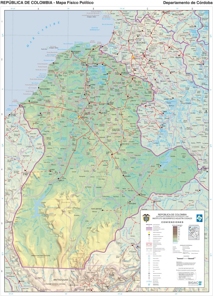 Mapa físico del departamento de Córdoba (Colombia).