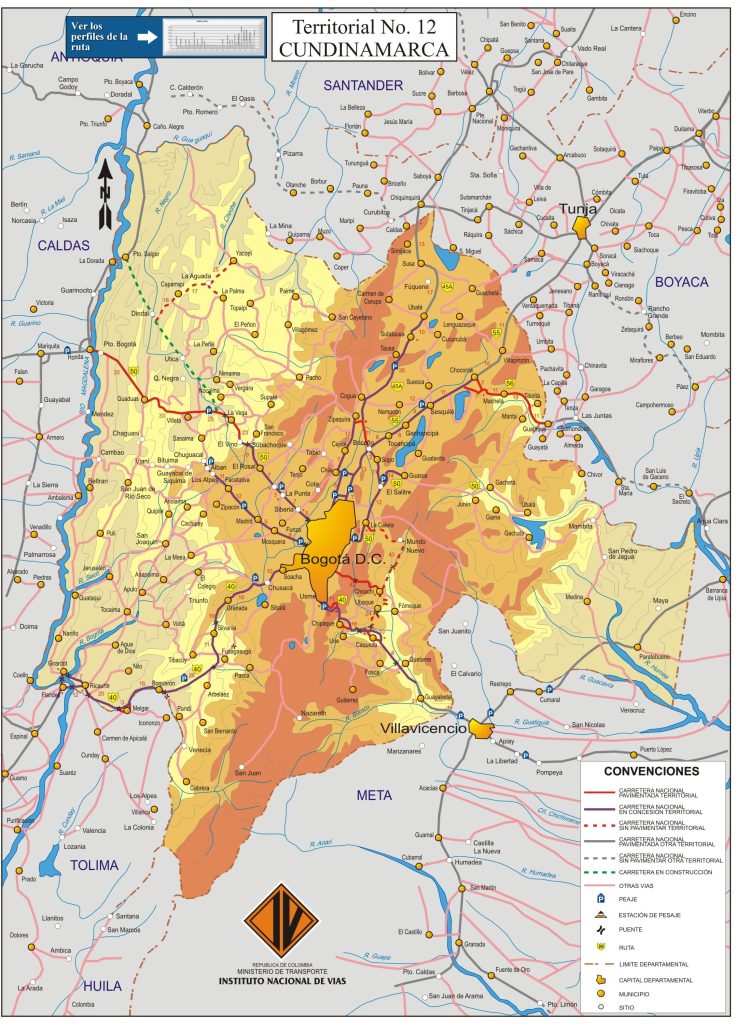 Mapa de carreteras del departamento de Cundinamarca.