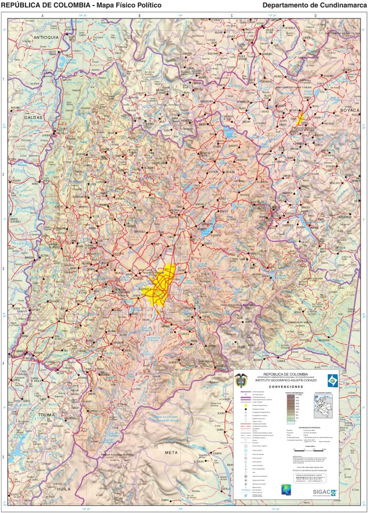 Mapa físico del departamento de Cundinamarca.