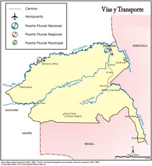 Mapa de vías y transporte del departamento de Guainía