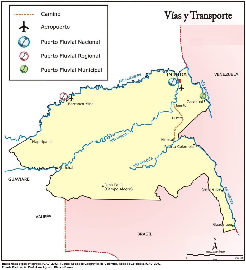 Mapa de vías y transporte del departamento de Guainía.