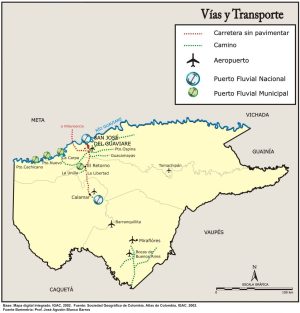 Mapa de vías y transporte del departamento del Guaviare