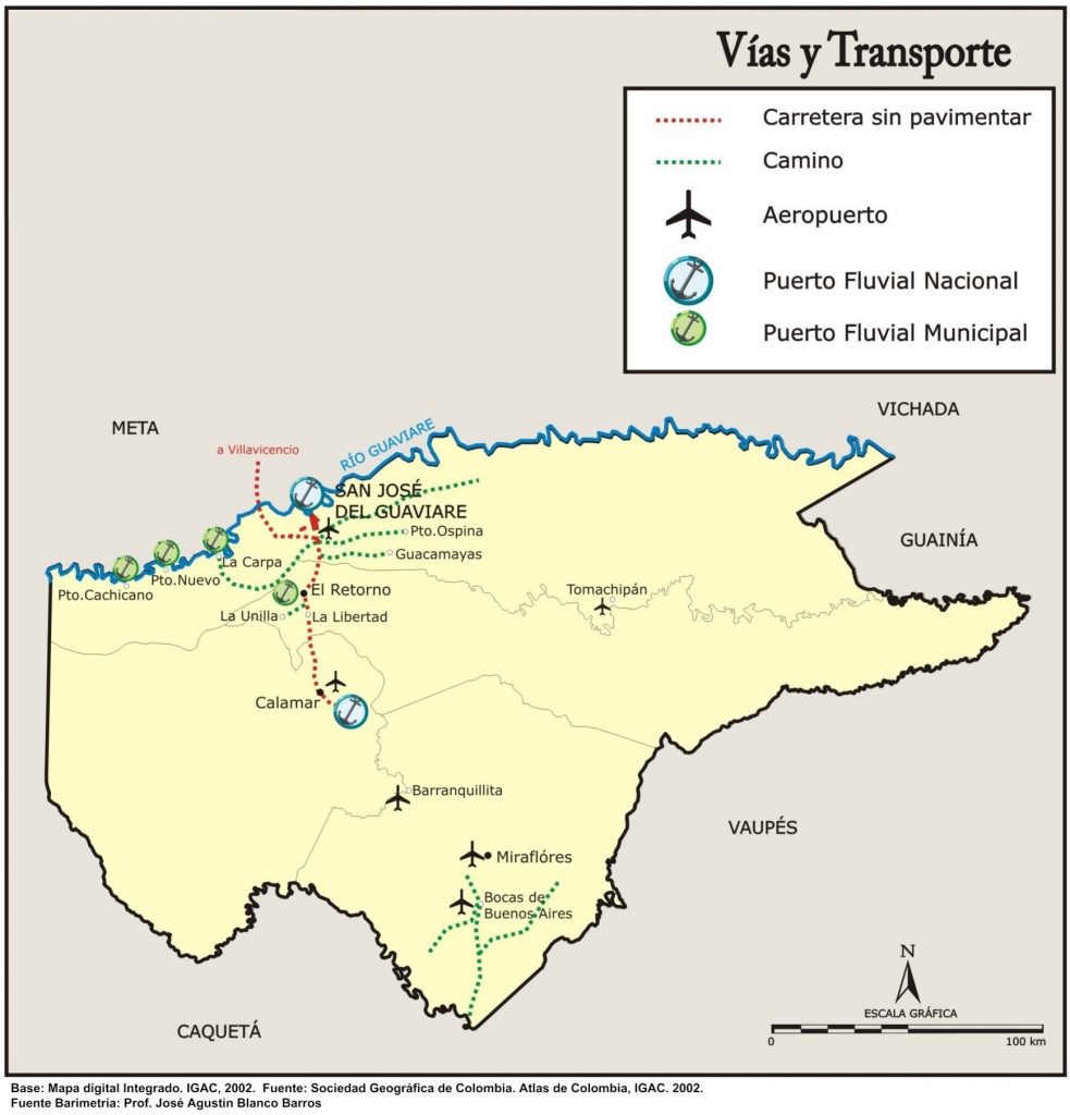 Mapa de vías y transporte del departamento del Guaviare.