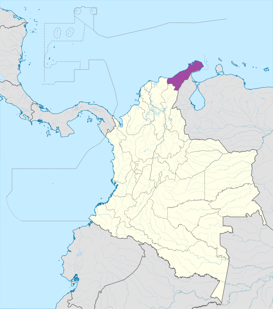 Mapa de ubicación del departamento de La Guajira en Colombia.