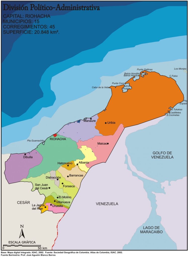 Mapa político del departamento de La Guajira.