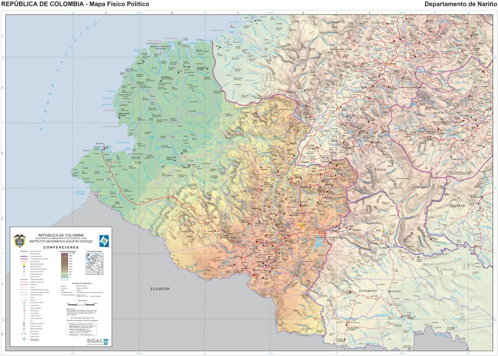 Mapa físico del departamento de Nariño.