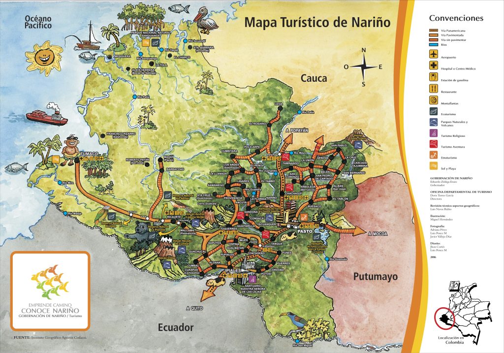 Mapa turístico pictórico del departamento de Nariño.