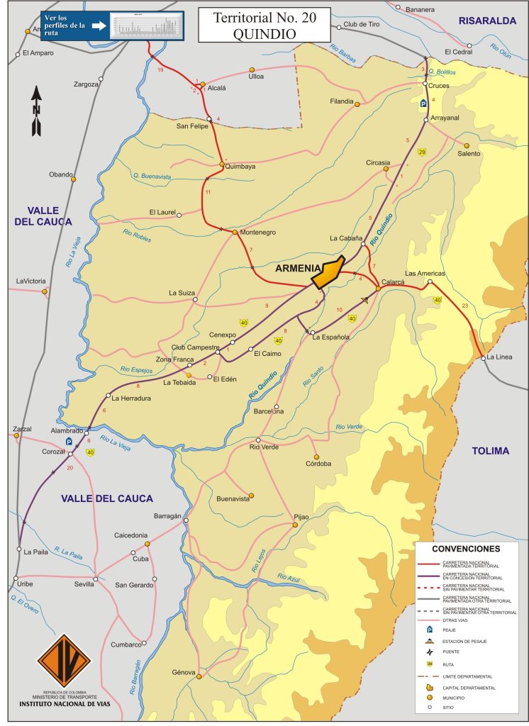 Mapa de carreteras del departamento del Quindío.