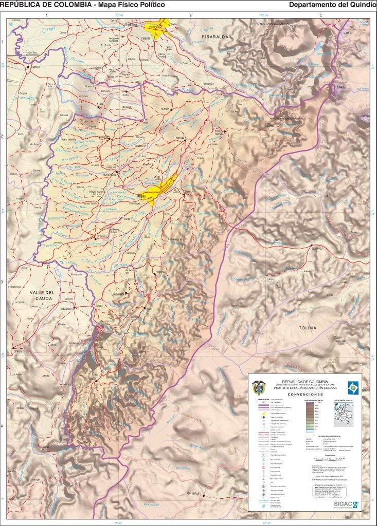 Mapa físico del departamento del Quindío.