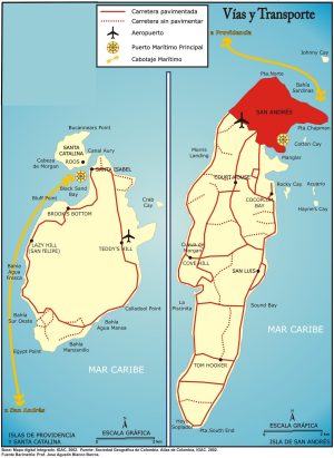 Mapa de vías y transporte en San Andrés y Providencia