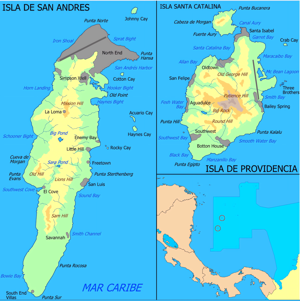 Mapa físico de San Andrés, Providencia y Santa Catalina.