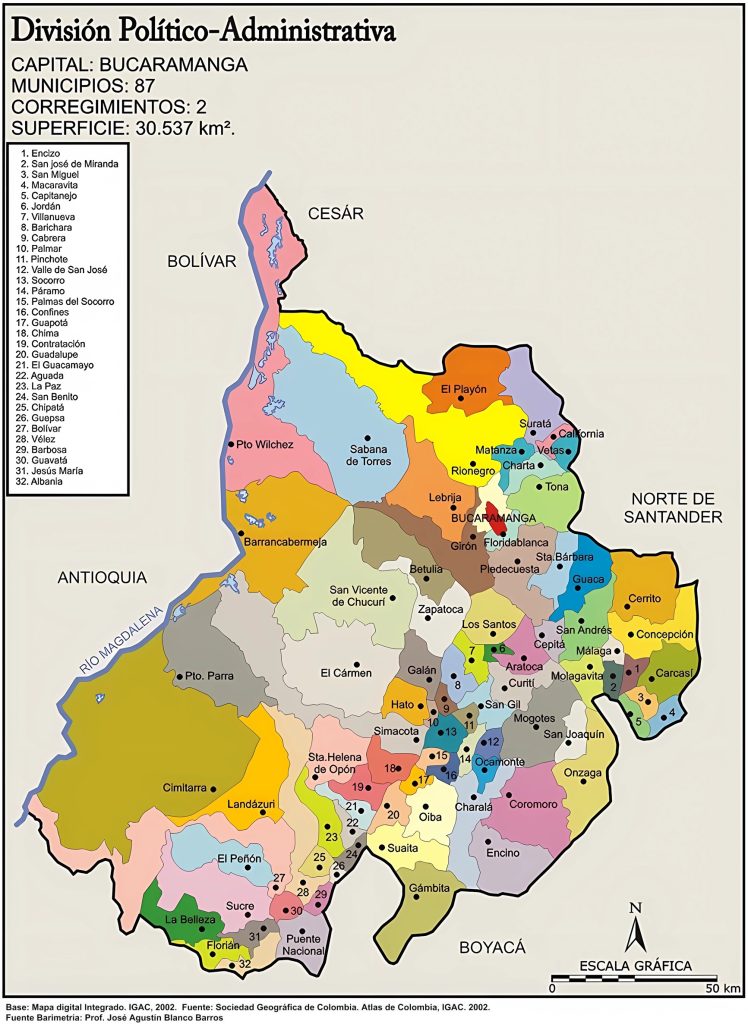 Mapa político del departamento de Santander.