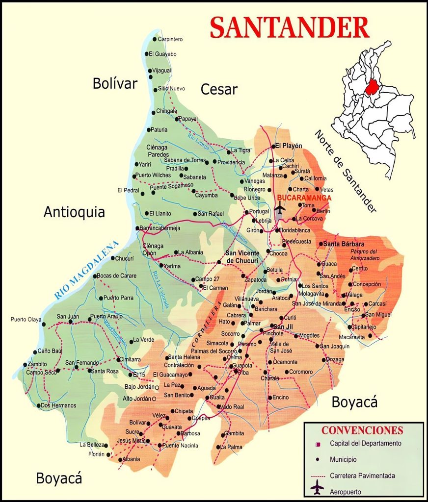 Mapa de las principales ciudades del departamento de Santander.