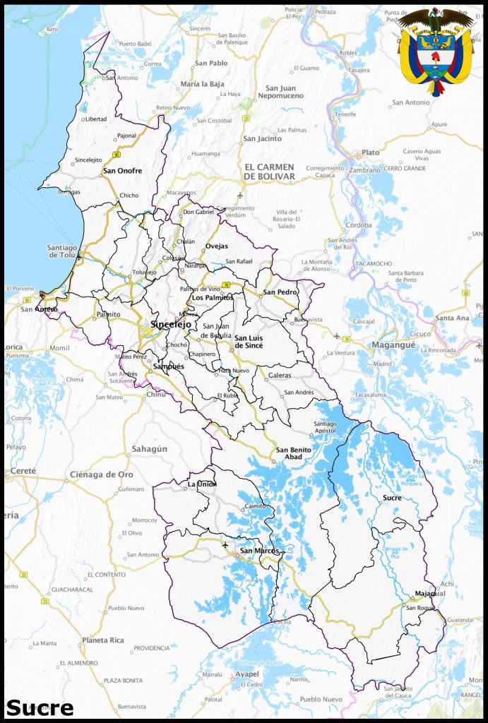 Mapa del departamento de Sucre (Colombia).