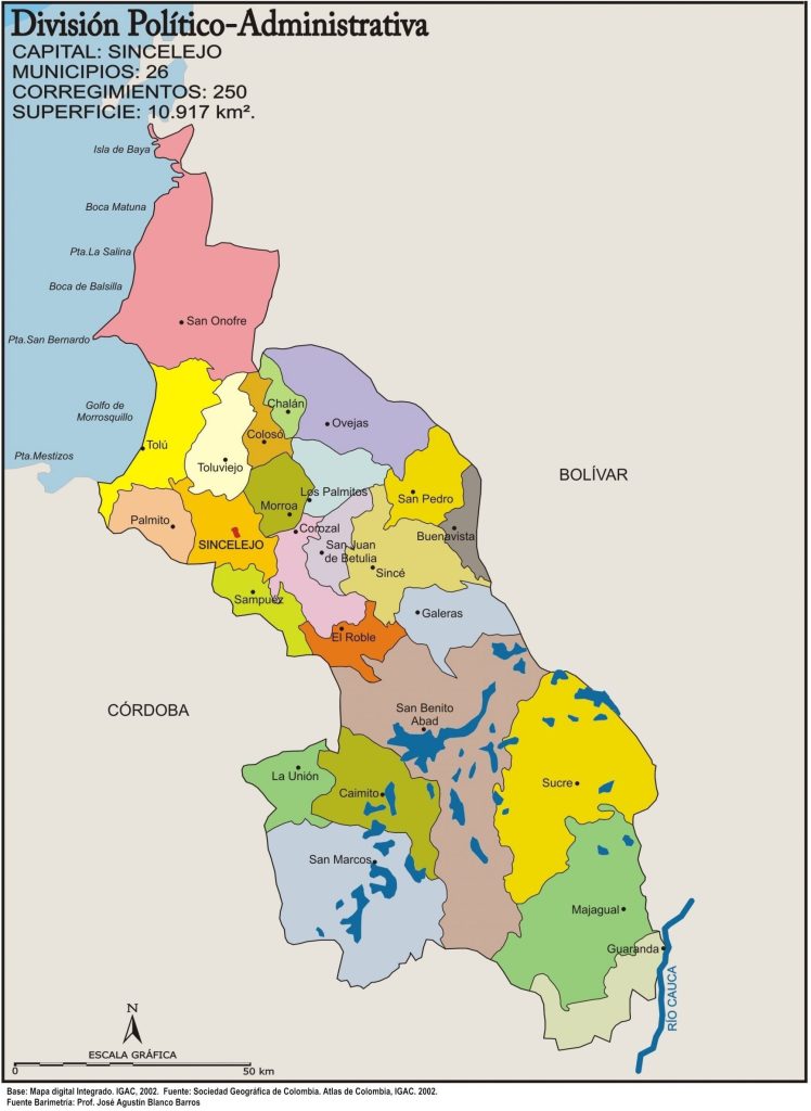 Mapa político del departamento de Sucre (Colombia).