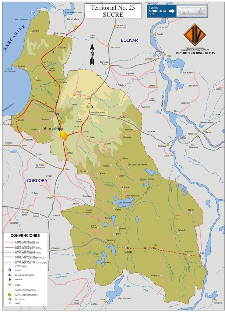 Mapa de carreteras del departamento de Sucre (Colombia).