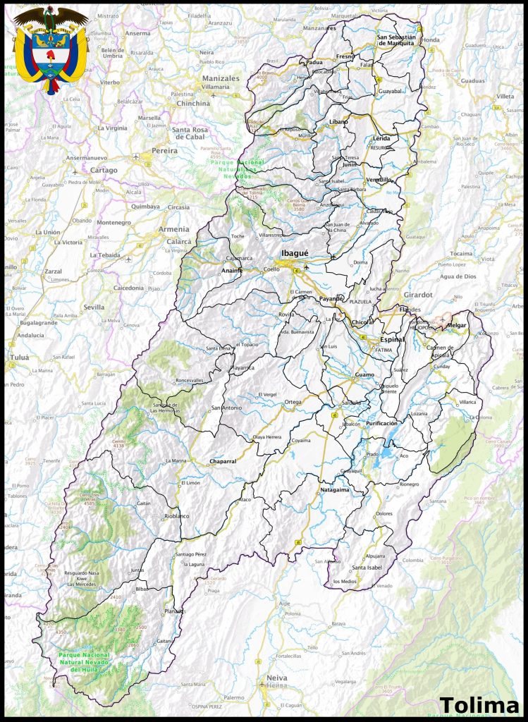 Mapa del departamento del Tolima.