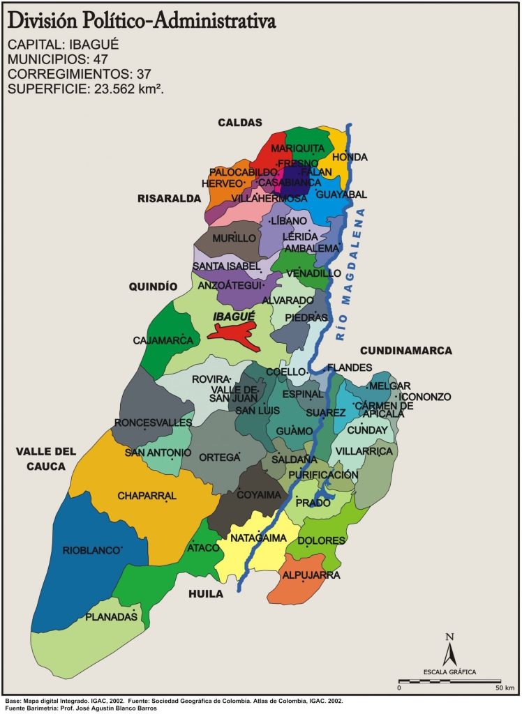 Mapa político del departamento del Tolima.