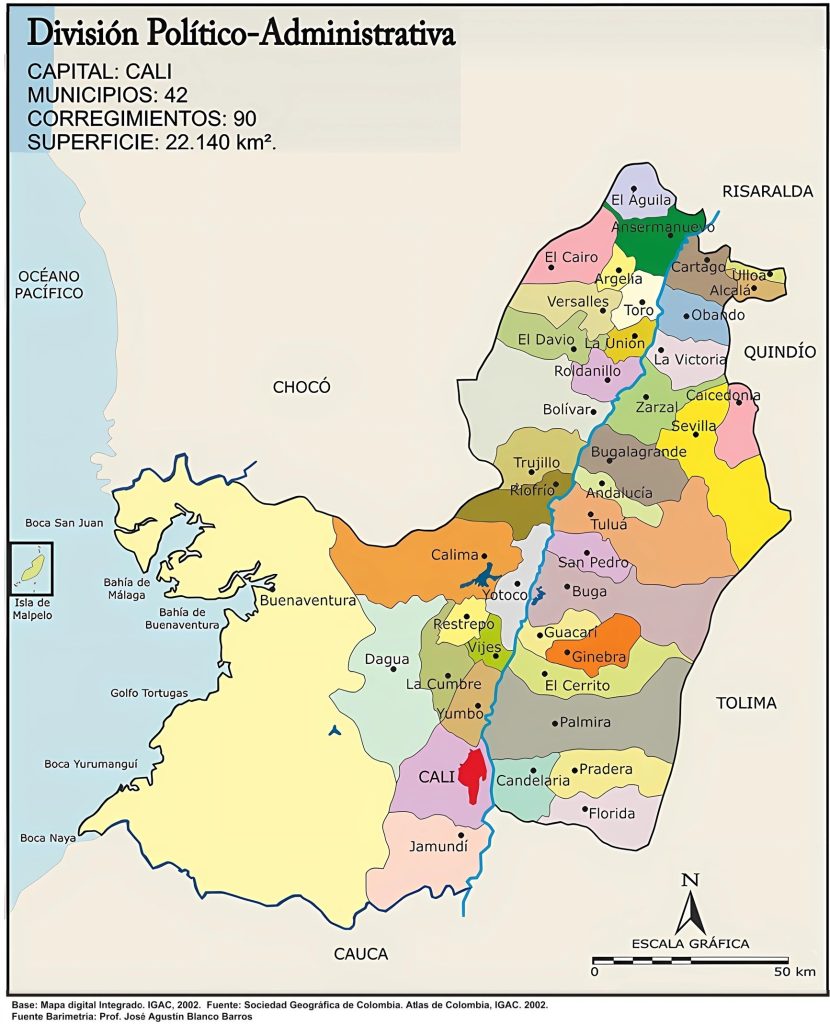 Mapa político del departamento del Valle del Cauca.