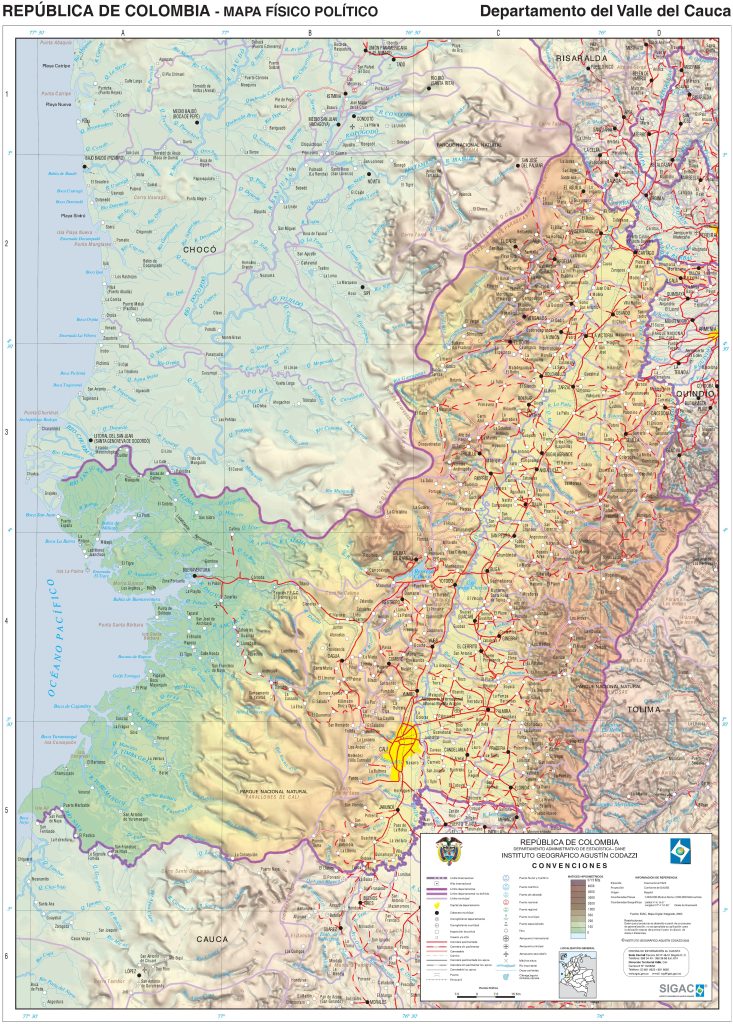 Mapa físico del departamento del Valle del Cauca.