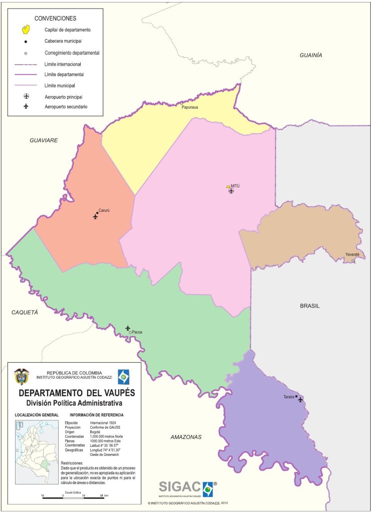 Mapa político del departamento del Vaupés.