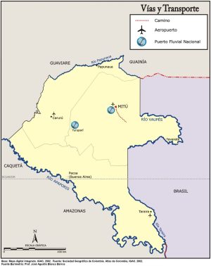 Mapa de vías y transporte del departamento del Vaupés